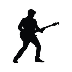 Silhouette of a musician intensely playing the electric guitar on a stage, guitarist playing on street silhouette vector illustration