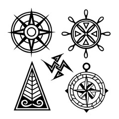 Obraz premium Nautical symbols and ancient glyphs compass rose ship wheel