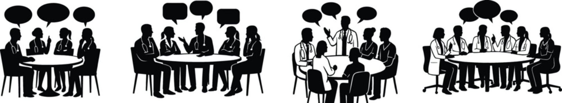 Medical team meeting silhouettes discussing ideas around a table 