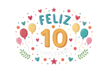 Feliz 10 Cumpleanos Birthday Greeting with Balloons and Confetti Keywords: birthday, ten, 10, feliz cumplea?os, happy birthday, celebration, greeting, card, invitation, PNG Transparent background