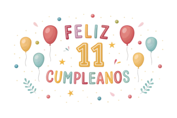 Feliz 11 Cumpleanos Birthday Greeting with Balloons and Stars Keywords: birthday, eleven, 11, feliz cumplea?os, happy birthday, celebration, greeting, card, invitation, PNG Transparent background