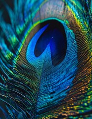 Obraz premium Vibrant Iridescent Detail: A Stunning Close-Up of a Peacock Feather Revealing Blue, Green, and Gold Hues