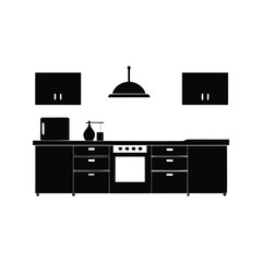 Modern Kitchen Design with Sleek Black Cabinets and Overhead Lighting Scheme, kitchen silhouette vector illustration
