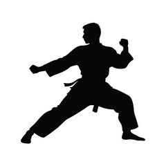 Silhouette of a karate martial artist practicing a forward punch move, martial artist blocking punch silhouette vector illustration