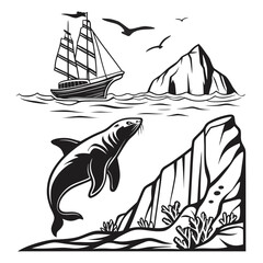 Sailing ship and leaping seal near icebergs ocean waves