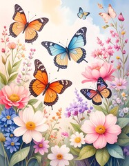 Colorful butterflies and flowers