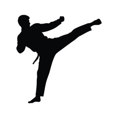 Martial artist performing a front kick in silhouette against white background, martial artist doing roundhouse kick silhouette vector illustration