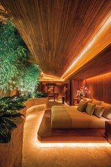 A tranquil bedroom suite, bathed in warm golden light, showcases a modern design with natural materials and lush greenery.