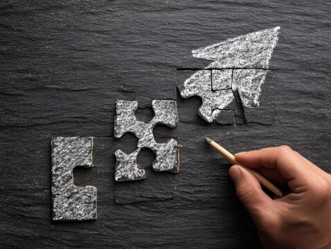 Steps shaped jigsaw puzzle. Drawing arrow on blackboard. Concept image of making business plan.