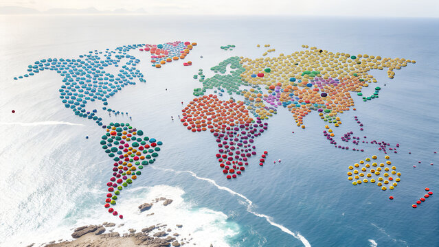 Vibrant world map made of colorful emoji icons floating on the ocean symbolizing global connection - Powered by Adobe