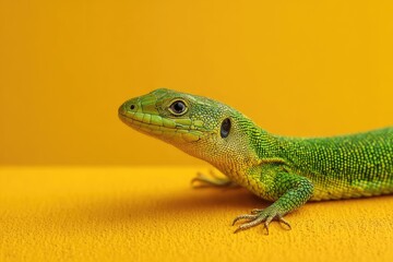 Fototapeta premium Close-up of a vibrant green lizard on a bright yellow background