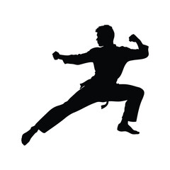 Silhouette of a martial arts expert in a dynamic flying kick pose, martial artist performing jump kick silhouette vector illustration