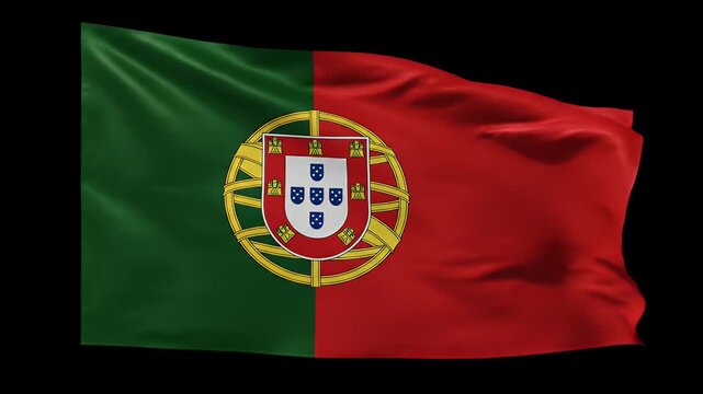 Majestic Portuguese flag waves dynamically against a dark backdrop, symbolizing national pride and heritage.