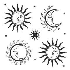 Stylized sun and moon faces with radiating rays and stars