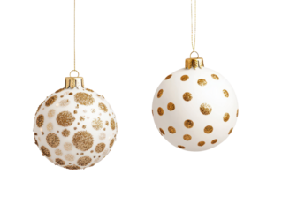 Elegant white Christmas baubles with gold polka dots