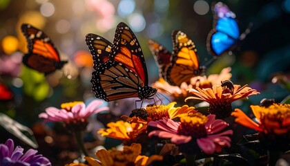 Colorful butterflies on vibrant flowers