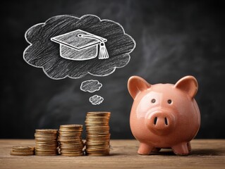 Student loan and tuition. Saving money for education. Stack of coins and piggy bank. Academic cap icon and thought balloon drawn on blackboard.
