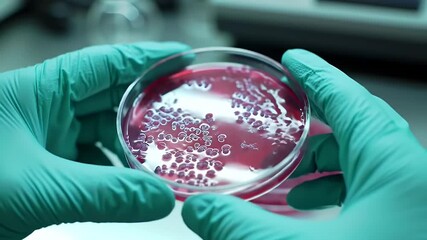 Scientist Hands Holding Petri Dish with Protozoa Culture in Laboratory Under Bright Light Gloved Hands Holding Petri Dish with Pink Agar and Tiny Colonies for Microbiology Research