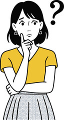 Young woman thinking pensive doubtful question mark confusion expressing uncertainty and curiosity studio shot