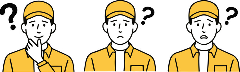 Obraz premium Three men wearing yellow uniforms and caps showing confusion with question marks above their heads