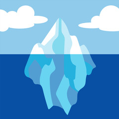 Blue-toned flat background with an iceberg above and below the water. Simple and clean design for nature, science or climate visuals