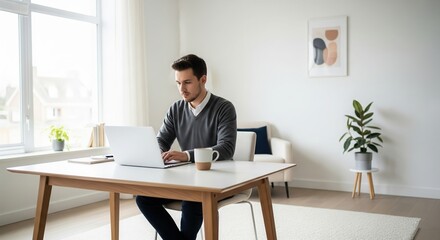 Fototapeta premium Young professional working on laptop at home, study, new skills, learning a new profession, changing jobs, online education, coffee mug. High quality