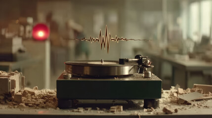 A record player sits in the middle of shattered debris with a visual soundwave hovering above it, resembling a seismic graph. The image evokes the raw, disruptive energy of an earthquake through music