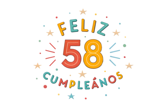 Feliz 58 Cumpleanos Birthday Greeting with Stars and Lights fifty eight feliz cumplea?os PNG Transparent background