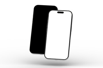 High-quality mockup of two smartphones, one with a black screen and one with a white screen, perfect for app presentations or website designs.
