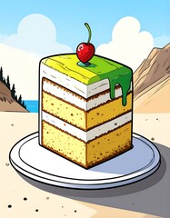 Colorful cake slice on a plate, desert scene