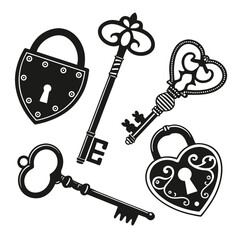 Vintage locks and keys collection antique silhouette