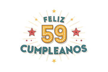 Feliz 59 Cumpleanos Text with Marquee Lights and Stars fifty nine feliz cumplea?os PNG Transparent background