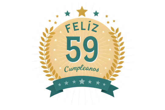Feliz 59 Cumpleanos Emblem with Laurel Wreath and Stars fifty nine feliz cumplea?os PNG Transparent background