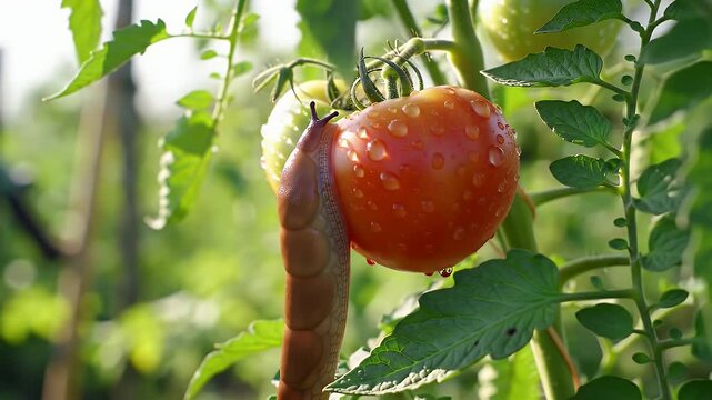 Slug Crawling on a Ripe Red Tomato with Water Droplets in the Garden During Daytime Close Up Shot with Green Leaves Background for Agricultural Awareness 193 Characters