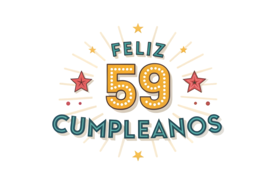 Feliz 59 Cumpleanos Text with Marquee Lights and Stars fifty nine feliz cumplea?os PNG Transparent background