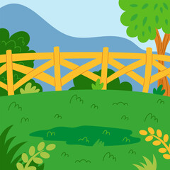 Flat vector square background of meadow for grazing horses with a bright yellow fence. Cartoon color illustration for farm and rural themed designs.