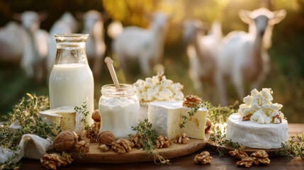 A rustic farm scene featuring fresh goat cheese, creamy yogurt, and a bottle of goat milk on a wooden table. Sunlit goats graze in the background, evoking authentic countryside charm.