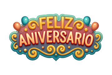 Feliz Aniversario Ornate Text with Swirls and Balloons happy anniversary lettering PNG Transparent background