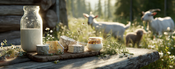 Fresh goat milk and artisanal cheese rest on a rustic wooden table in a sunlit field. Goats graze peacefully in the background, enhancing the pastoral, countryside scene.