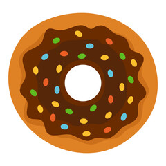Donut with chocolate topping and sprinkles. Vector illustration of dessert in flat style with shadows and highlights. Isolated image on white background for menus and designs