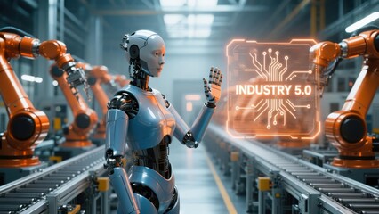 Futuristic humanoid robot with glowing holographic industry 5.0 display in advanced factory, smart factory and robotics automation concept