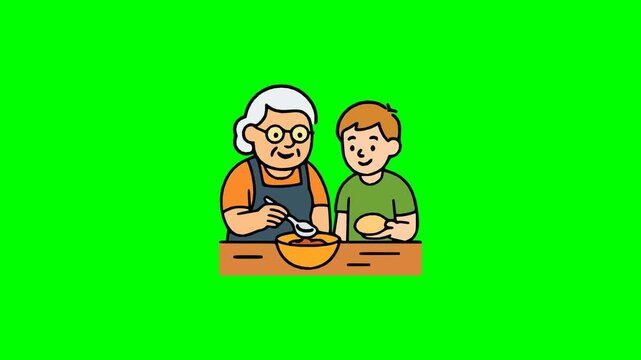 Elderly woman and child preparing food together happy family cooking tradition vector animation