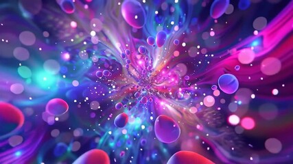 Sped-up video, abstract purple background, center of an explosion of colors and shapes, surrounded by blue and pink hues. - Powered by Adobe