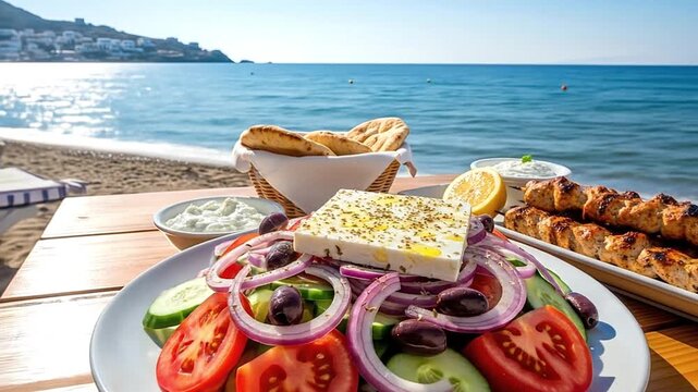 Beachside Greek feast salad with feta souvlaki skewers pita bread tzatziki sauce and ocean view