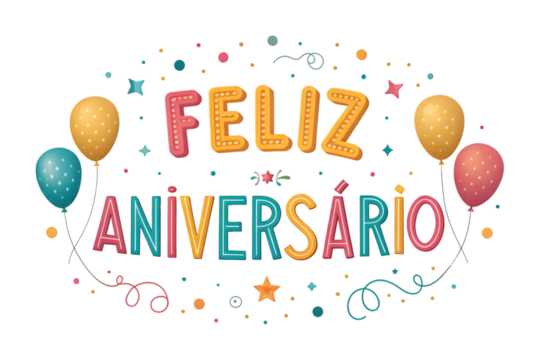 Feliz Aniversario with Balloons Confetti and Stars happy birthday portuguese PNG Transparent background - Powered by Adobe