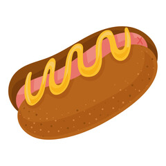 Cartoon hotdog with sausage and mustard in glossy bun. Fast food vector illustration in flat style. Isolated on white background for menus and designs