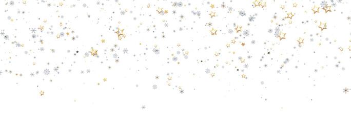 Beautiful festive background with gold and silver stars falling on white.
