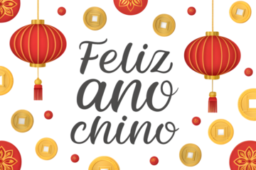 Feliz Ano Novo Chin?s with Red Lanterns and Coins chinese new year greeting PNG Transparent background