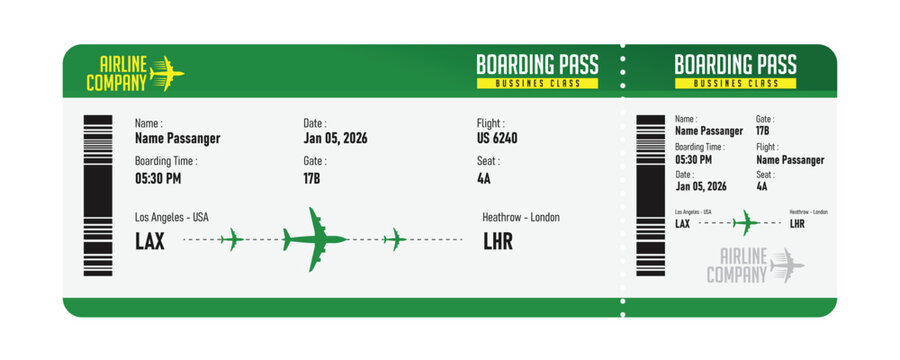 Boarding pass for a flight design vector, showing passenger details and flight information.