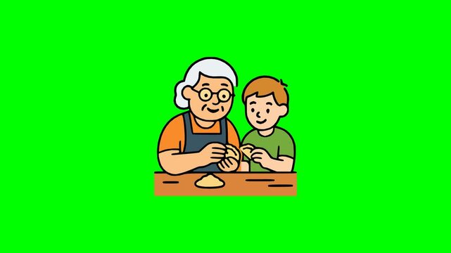 Elderly woman teaching child to prepare bread dough happy family bonding vector animation